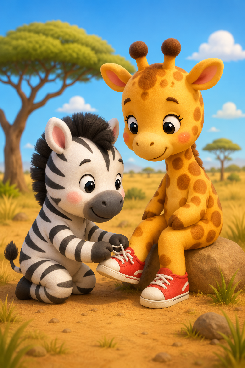Una zebra e una giraffa giocano insieme nella savana